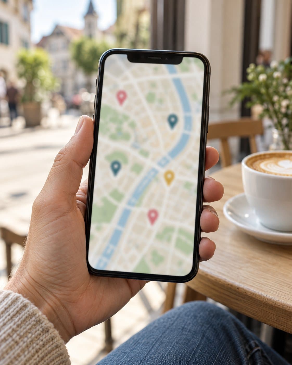 Handy mit Stadtkarte und Salon-Pins im Café